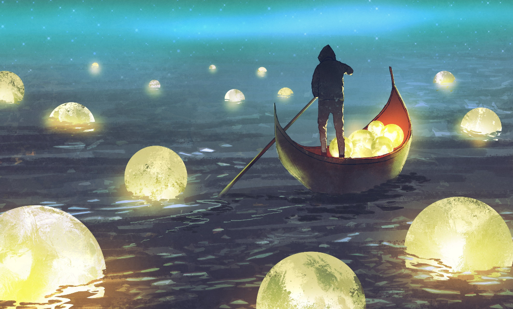 "Man rowing a boat among glowing moons"